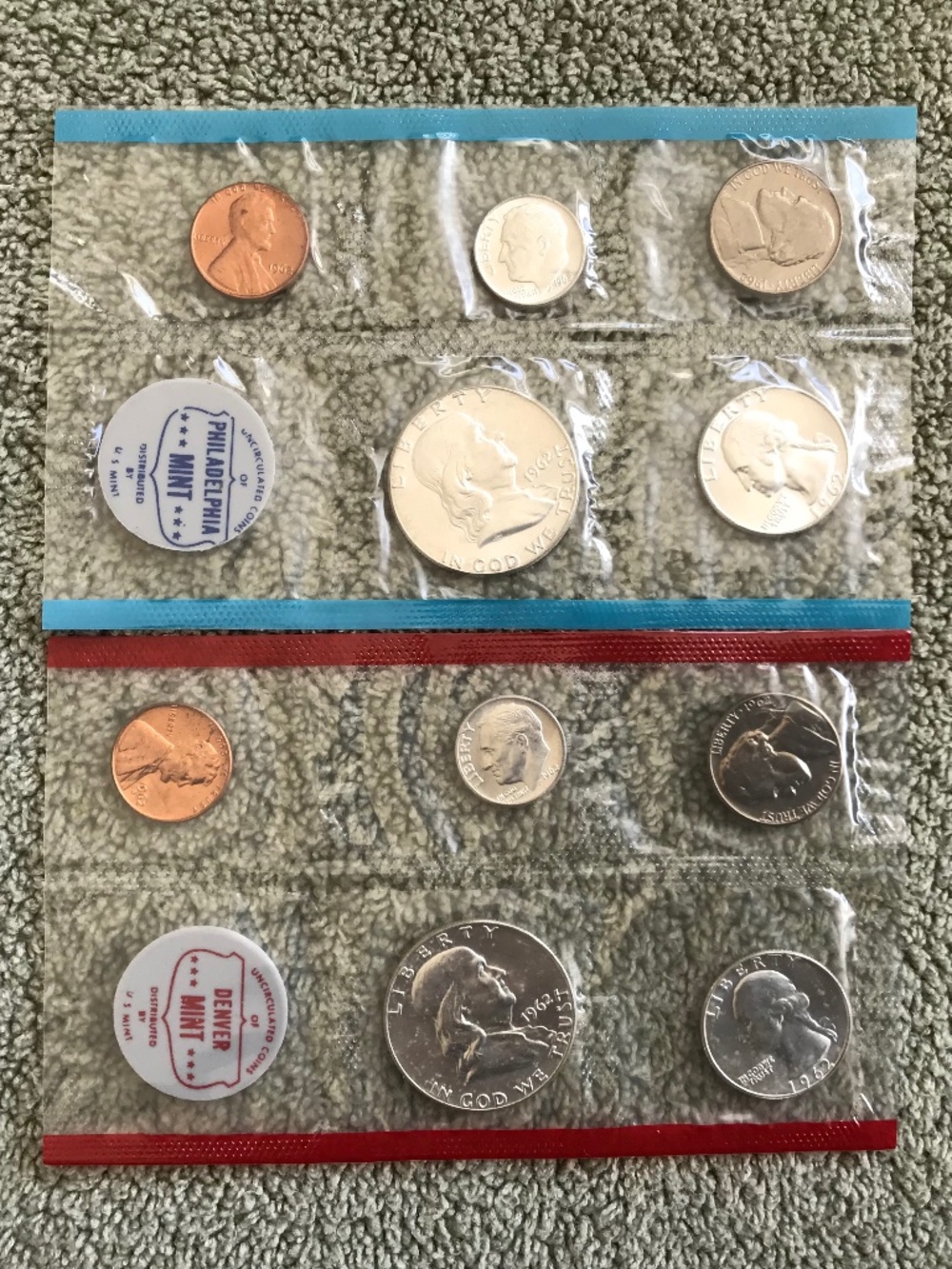 1962 P&D U.S. Mint Uncirculated Set - 10 Coins - 90% Silver Half, Quarter, Dime